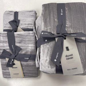 West Elm Full/Queen Crinkle Velvet Duvet Cover & 2 Standard Shams Pearl Gray